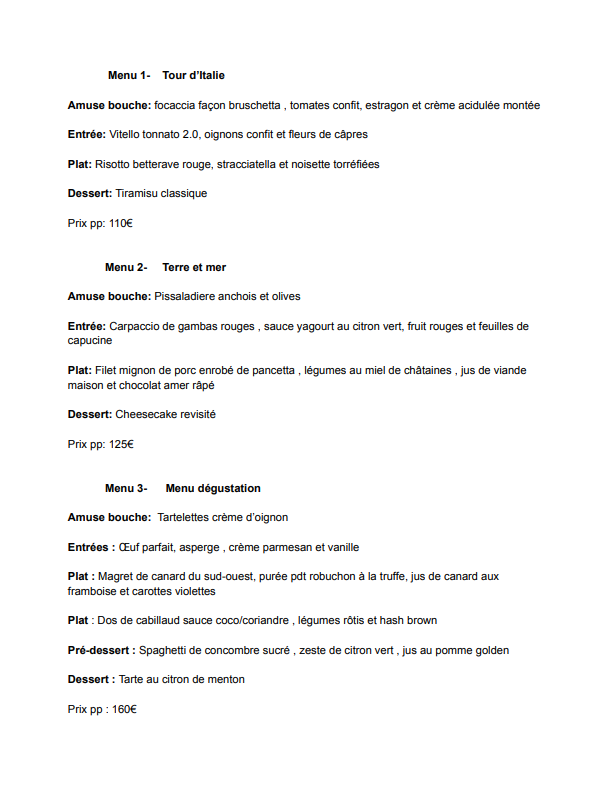 Menu Chef à domicile Giuseppe Crespa, Guide MyTable