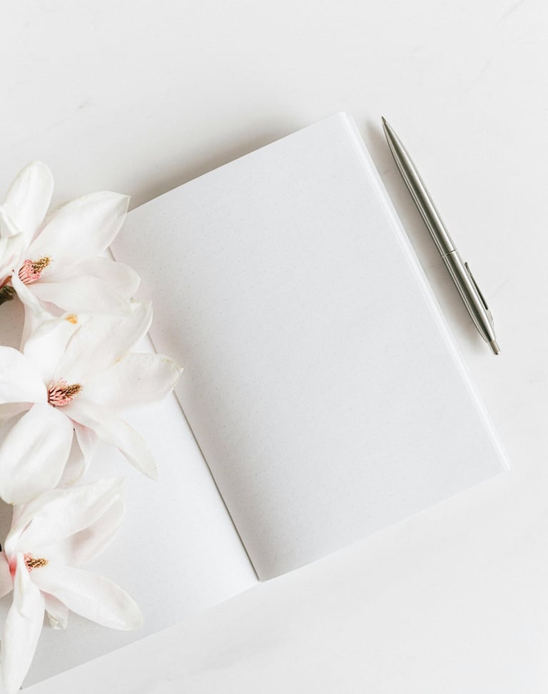 White lotus flowers and open faith-based journal ready for prayer, reflection, and soul-led writing