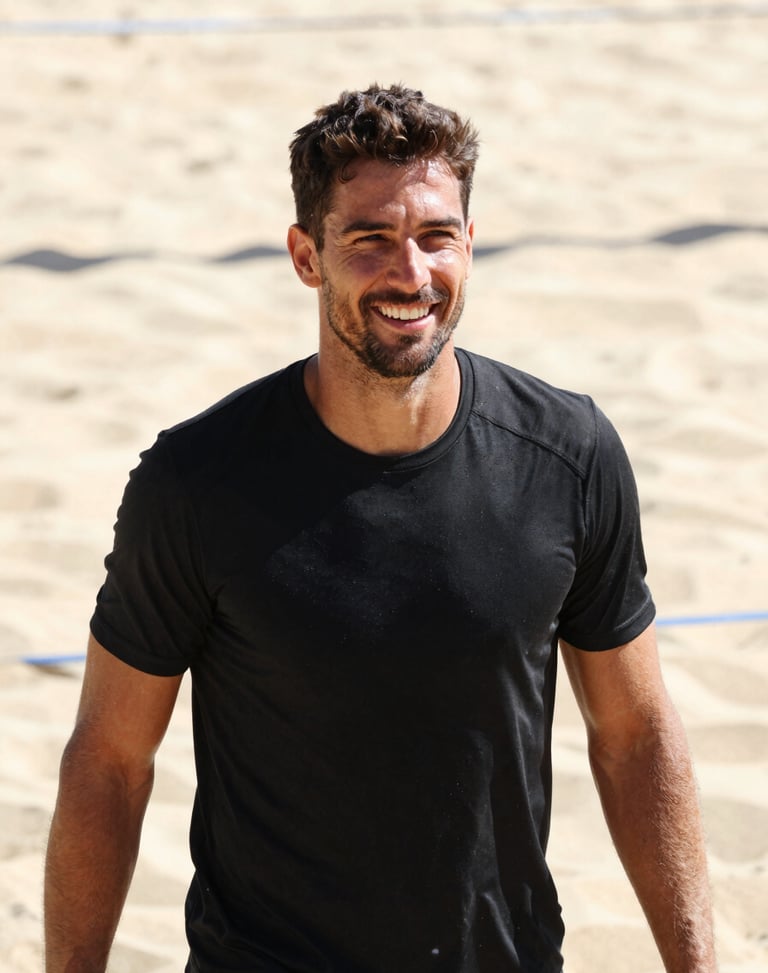 High-contrast portrait of a male beach volleyball coach smiling, sun-drenched sand background, bright outdoor sunlight, 35mm