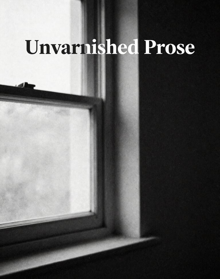 Stark monochrome book cover of 'Unvarnished Prose', minimalist layout, high-contrast shadow of a window frame, grainy texture.