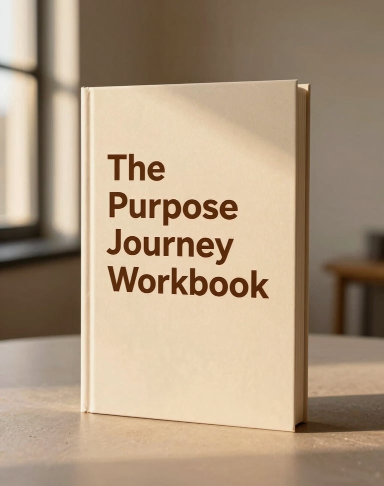 A high-quality book cover mockup of 'The Purpose Journey Workbook' standing upright against a clean neutral background, warm editorial lighting