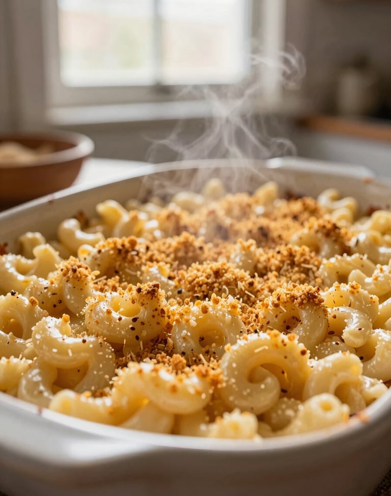 Tight vertical shot of creamy mac and cheese with a golden breadcrumb crust, steam rising from a rustic baking dish, cozy kitchen light, 35mm