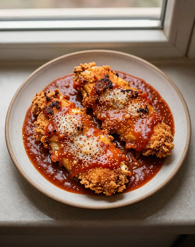 Overhead flat-lay of a finished plate of crispy golden chicken parmesan with bubbling red sauce, warm side-lighting, rustic ceramic plate, 35mm