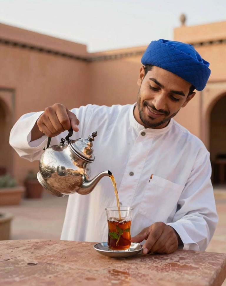 Candid portrait of a professional Moroccan driver pouring hot mint tea from a silver teapot into a glass, warm terracotta riad courtyard background, soft natural light