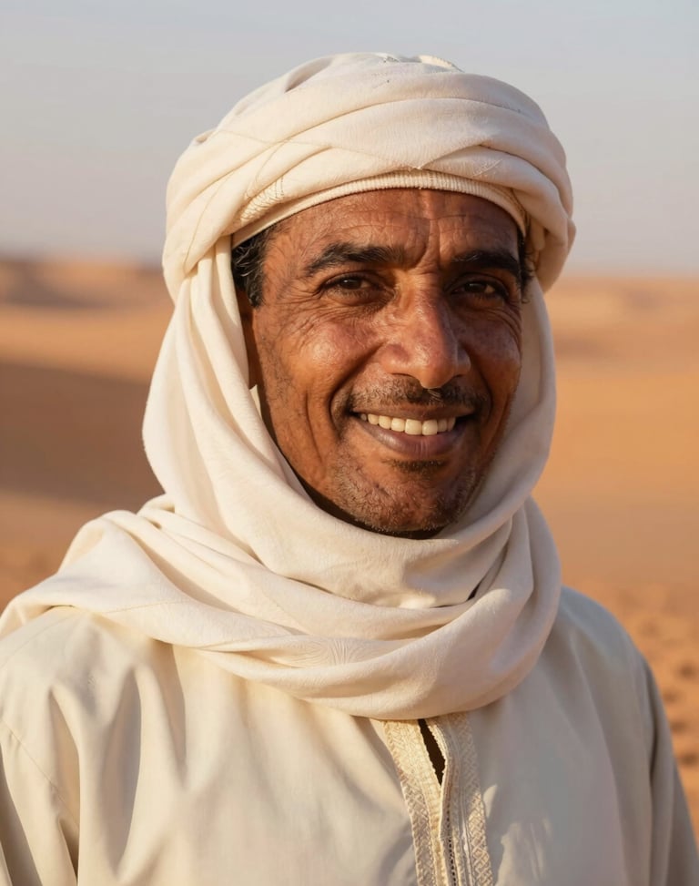 Close-up portrait of an indigenous Amazigh guide with a warm smile, wearing a traditional cream-colored djellaba, soft morning light, shallow depth of field