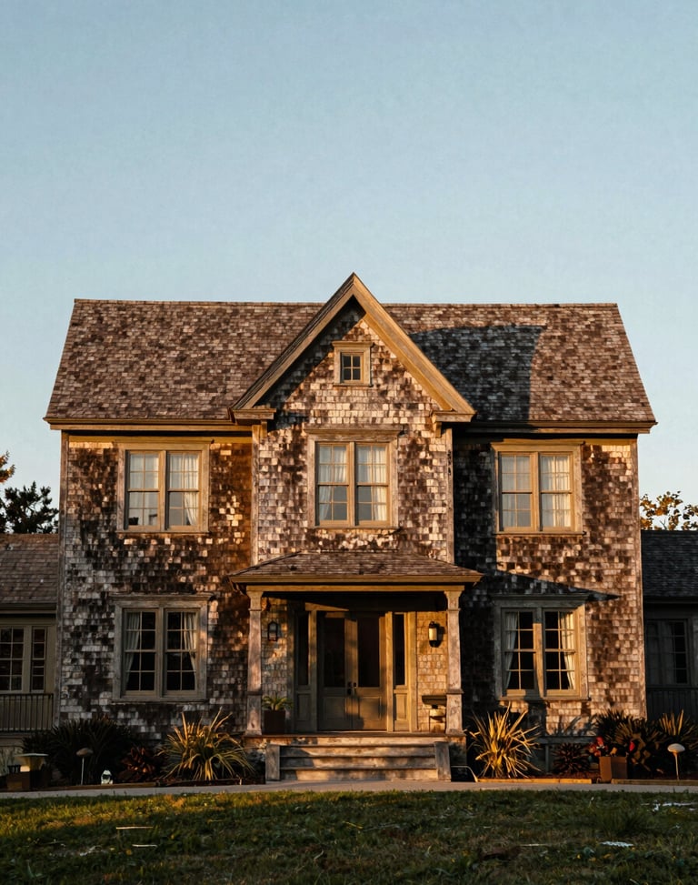 Straight-on architectural elevation of a historic shingle-style coastal estate, weathered cedar siding, low-angle golden hour light, medium format film.