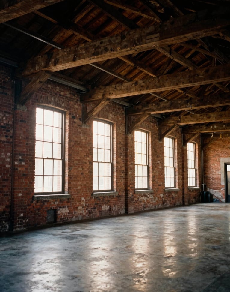 Interior of a restored 19th-century brick textile mill, exposed hand-hewn timber beams, soft natural window light reflecting on polished concrete floors, medium format film.