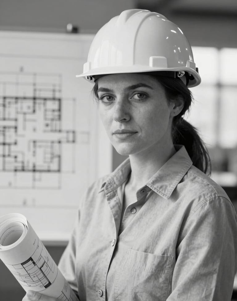 Textured black and white portrait of a female structural engineer, clean lines of architectural blueprints in the soft-focus background, warm natural light.