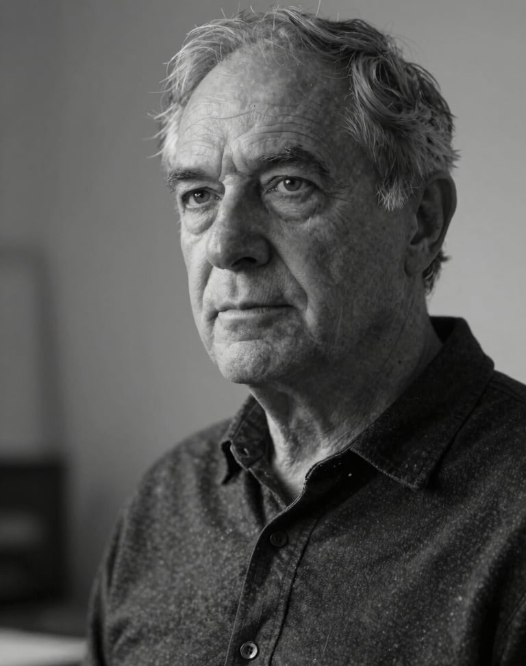 Textured black and white portrait of a senior male architect in a minimalist studio, dramatic side lighting highlighting facial features, looking thoughtfully off-camera.