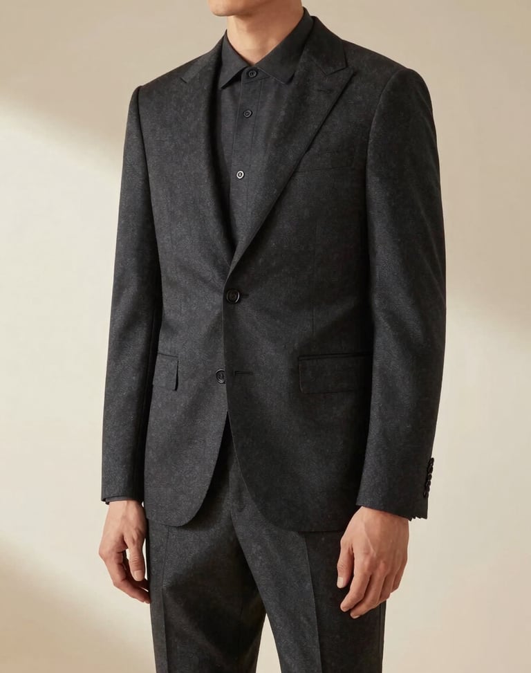 Editorial fashion photography of a man in a sharp, structured 2-piece tailored suit, deep charcoal tones, soft natural directional light