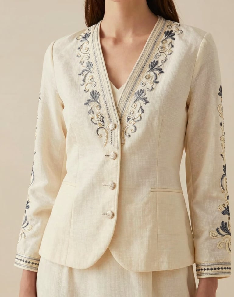 Editorial fashion photography of a woman wearing a structured, elegant 3-piece embroidered suit in warm cream tones, soft natural studio light, medium format