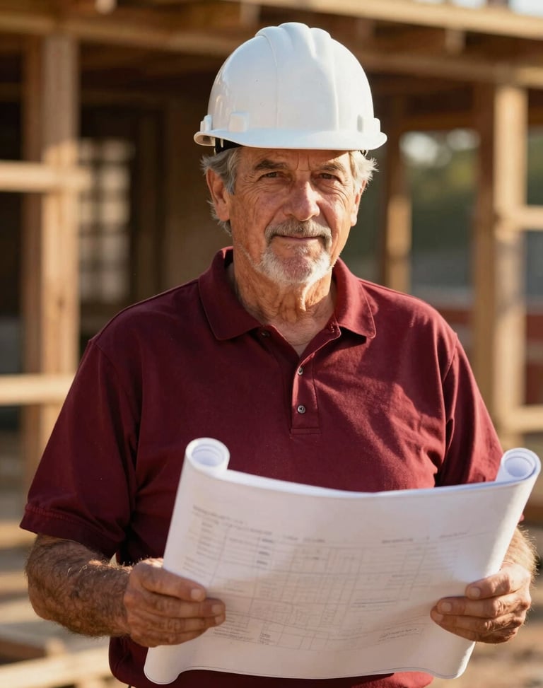Professional portrait of an older male construction founder in a hardhat over blueprints, warm Mississippi sunlight, 35mm lens.