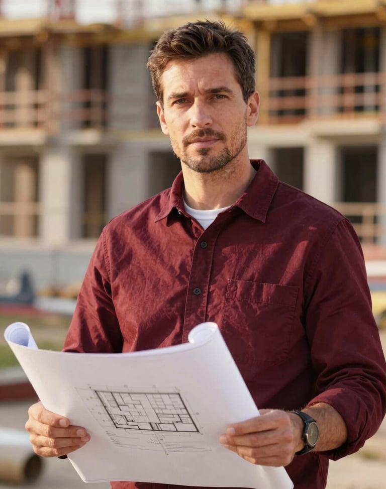 Professional portrait of a mid-30s male site manager holding architectural plans, active construction background, soft depth of field.