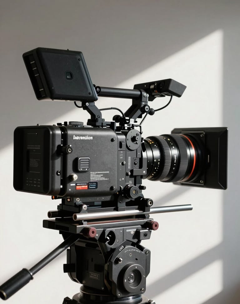 Extreme close-up of a high-end cinema camera rig on a minimalist studio set, harsh direct sunlight, sharp shadows.