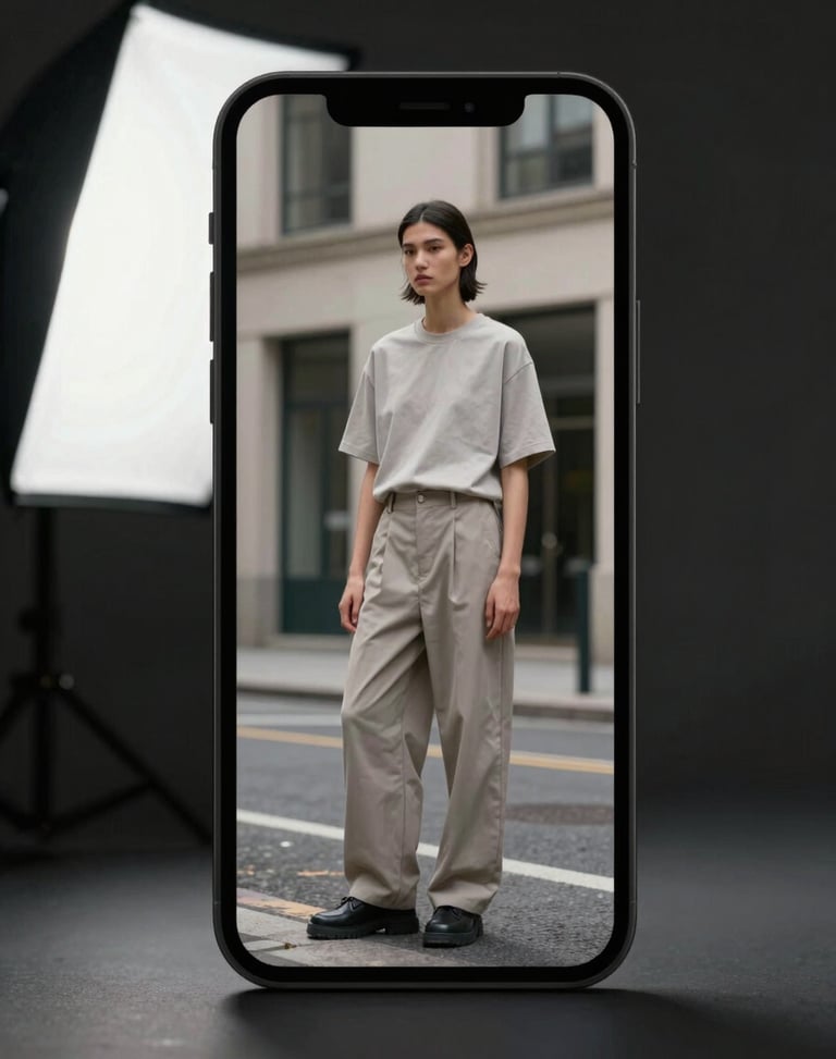 A vertical smartphone screen displaying raw vertical video of a model in minimalist streetwear against urban architecture, studio flash lighting.