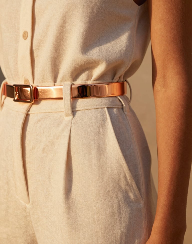 Close-up of high-end cream linen resort clothing on a model, warm golden hour light reflecting off polished rose-gold hardware details, soft shadows