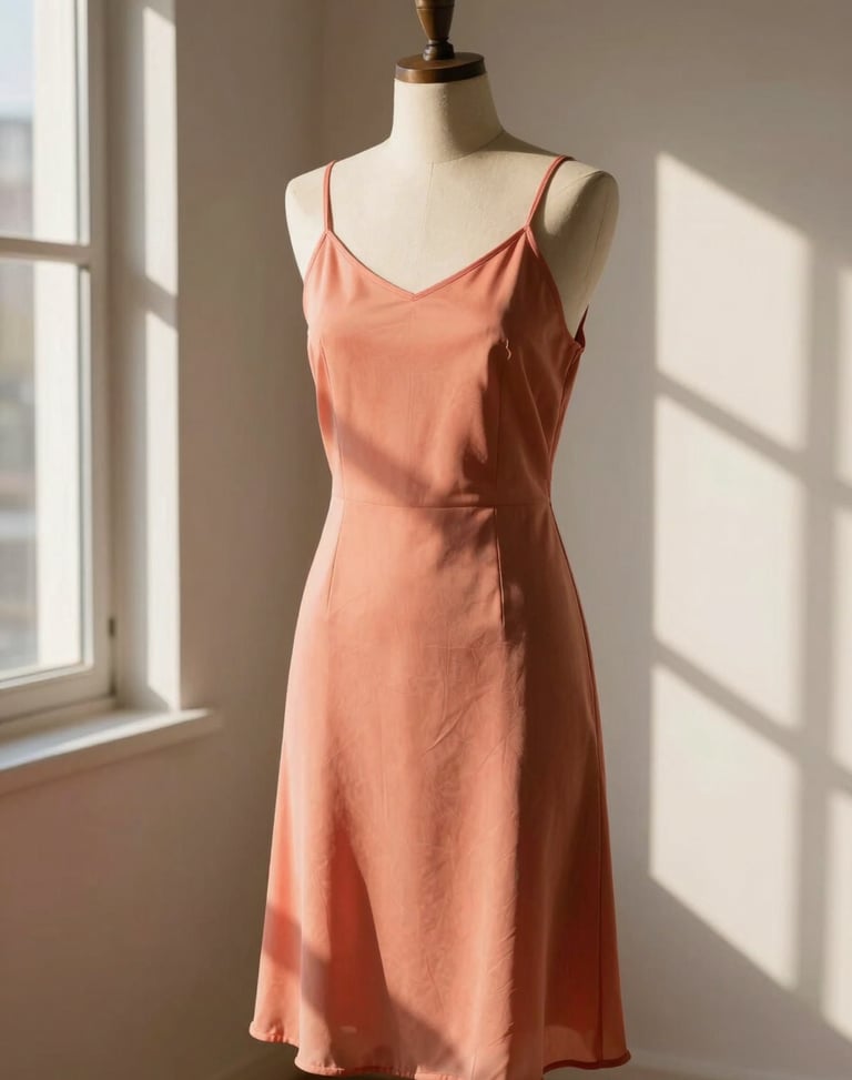 A soft coral slip dress draped on a minimalist dress form, warm morning sunlight filtering through studio windows.