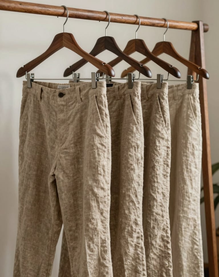 A collection of relaxed-fit linen trousers in sand beige hanging on a raw timber clothing rack, Tampa studio background.