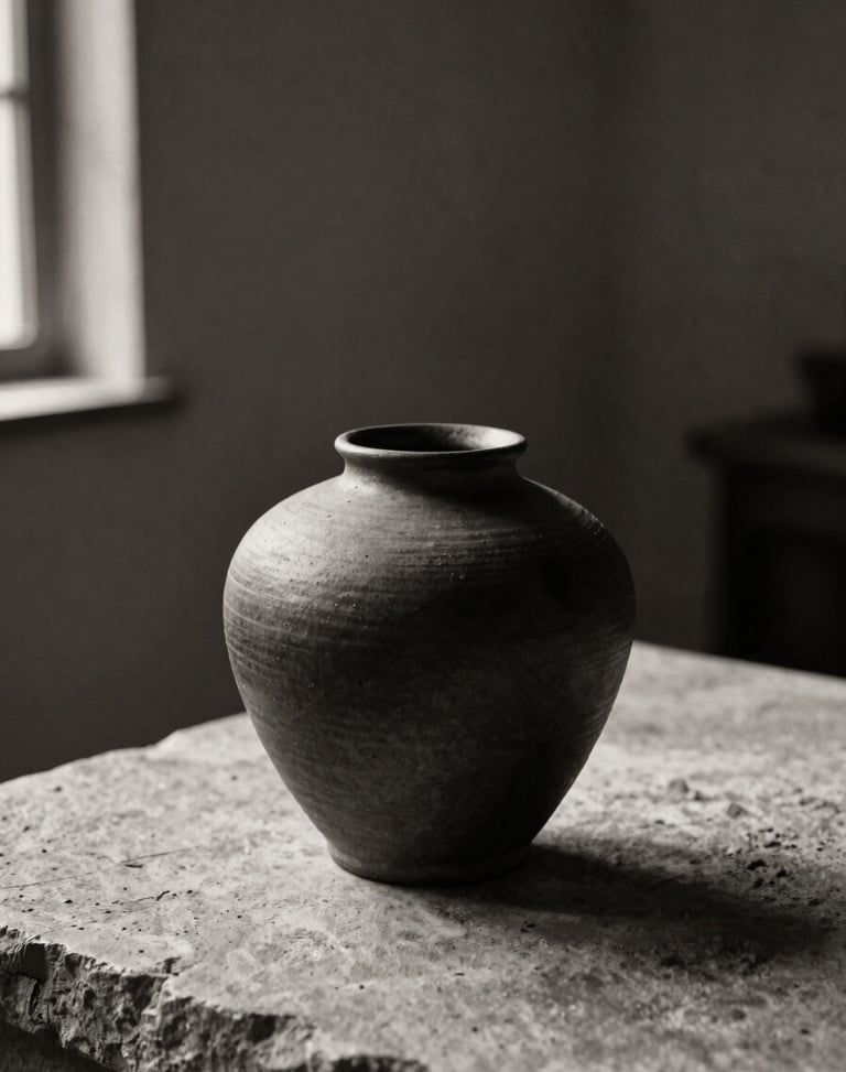 A single minimalist dark ceramic vessel on a rough stone surface, deep side shadows, warm sepia undertones, editorial composition