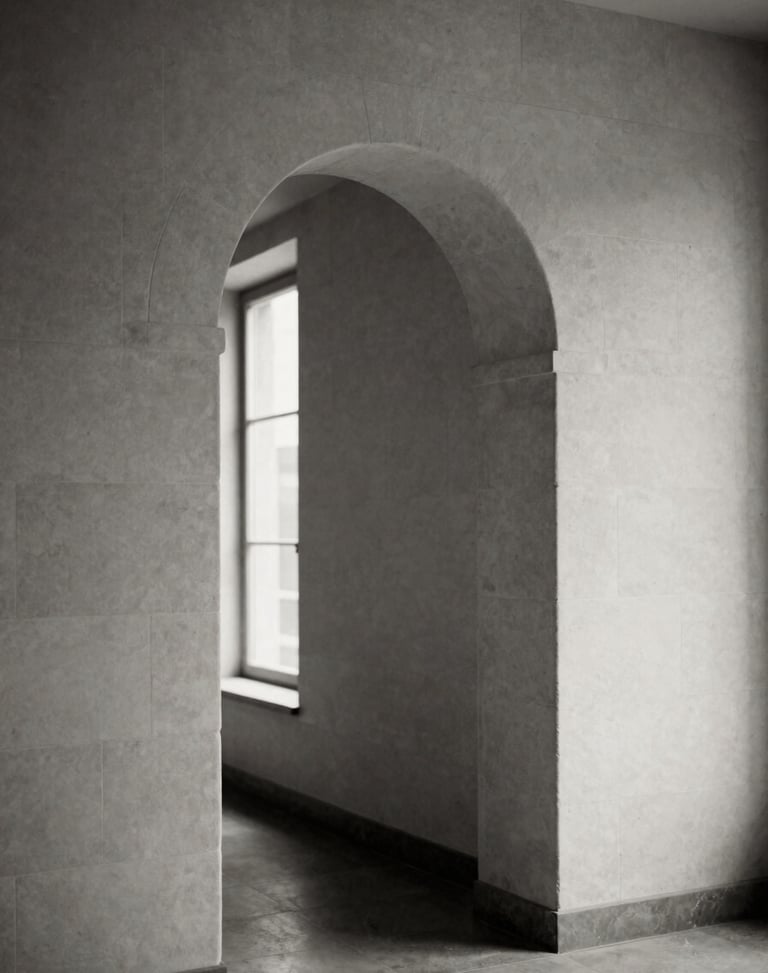 Minimalist black and white architectural detail of a solitary stone archway, soft directional light, high contrast, quiet museum atmosphere