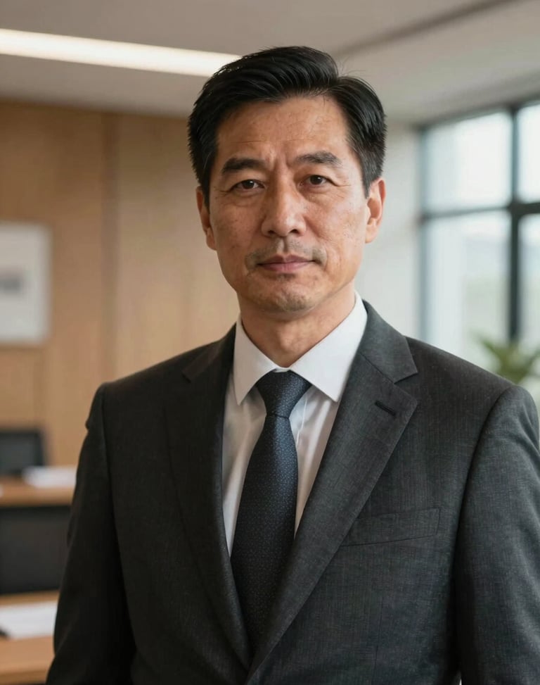 Serious portrait of an experienced male attorney in a dark suit, warm natural office lighting, professional and empathetic expression.