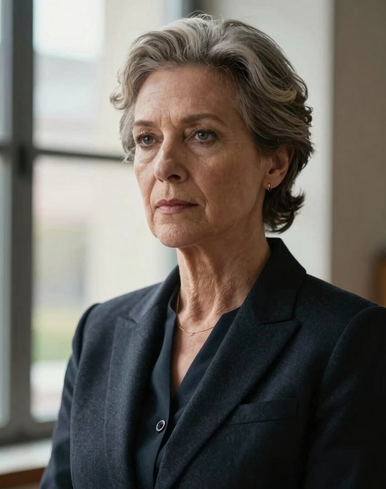 Serious portrait of a female senior attorney, elegant dark blazer, natural window light, focused and professional expression.