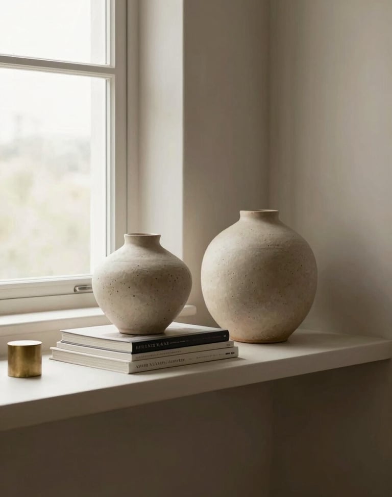 A styled minimalist living room shelf with a textured ceramic vase, stacked art books, and a small brass object, soft window light.