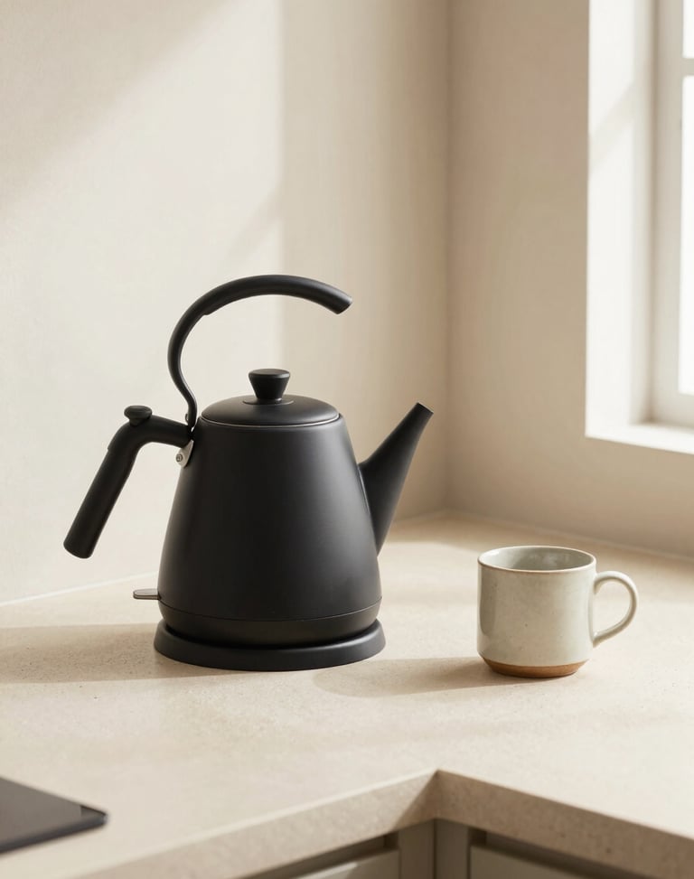 A matte black electric kettle sitting on a clean cream-colored stone countertop next to a single ceramic mug, soft morning light.