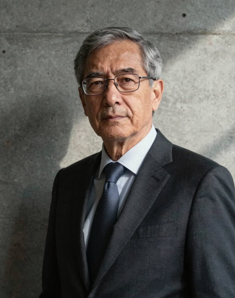 Portrait of a male senior attorney in a dark suit, serious and academic expression, natural side lighting with deep shadows against a raw concrete wall.
