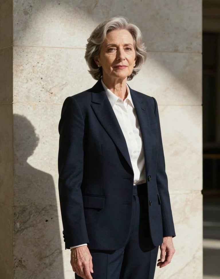 Portrait of a female senior attorney, elegant and authoritative, architectural lighting with deep shadows, travertine stone background.
