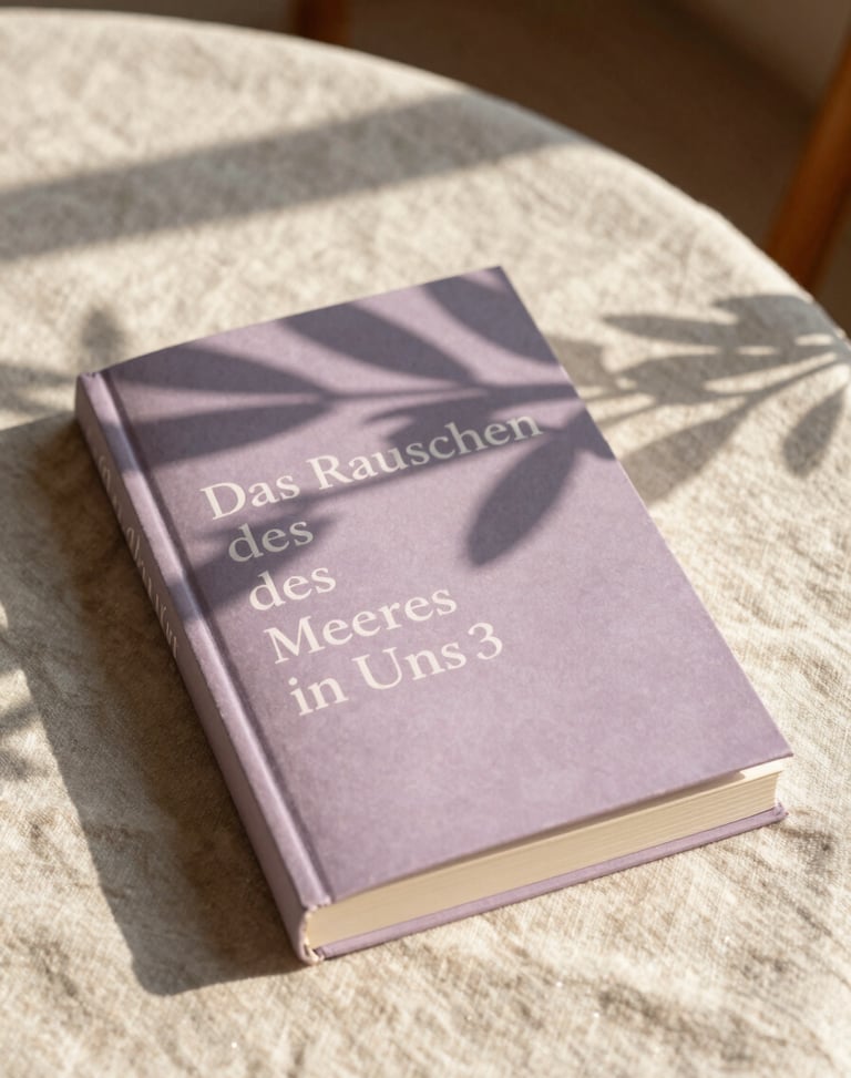 An artistic book cover titled 'Das Rauschen des Meeres in uns' resting on a sun-drenched linen tablecloth, soft olive branch shadows dancing across the pages, warm Mediterranean morning light.