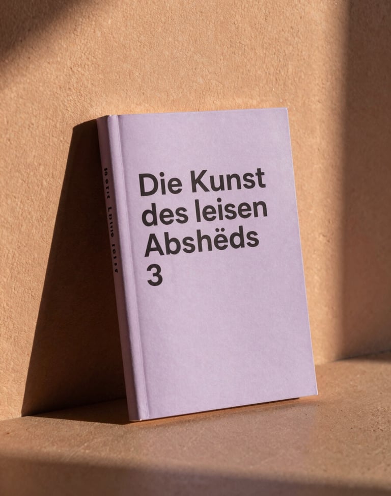 A minimalist book cover titled 'Die Kunst des leisen Abschieds' leaning against a textured terracotta plaster wall, warm golden hour sunlight, soft lavender shadows.