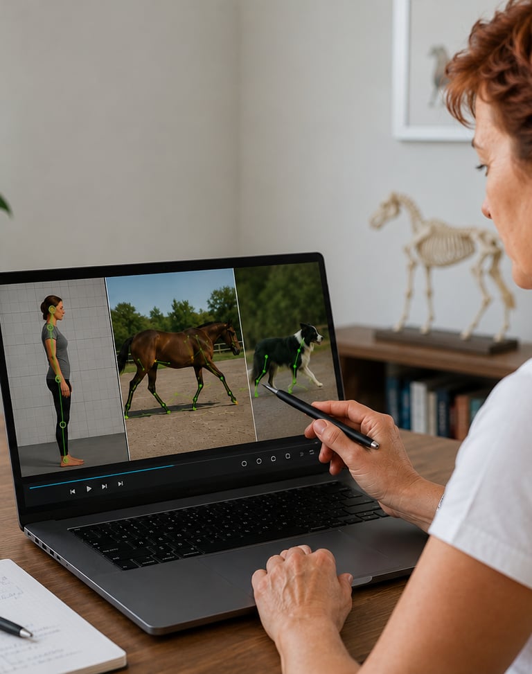 A person uses a laptop and stylus to perform motion capture analysis on images of a human, horse, and dog.
