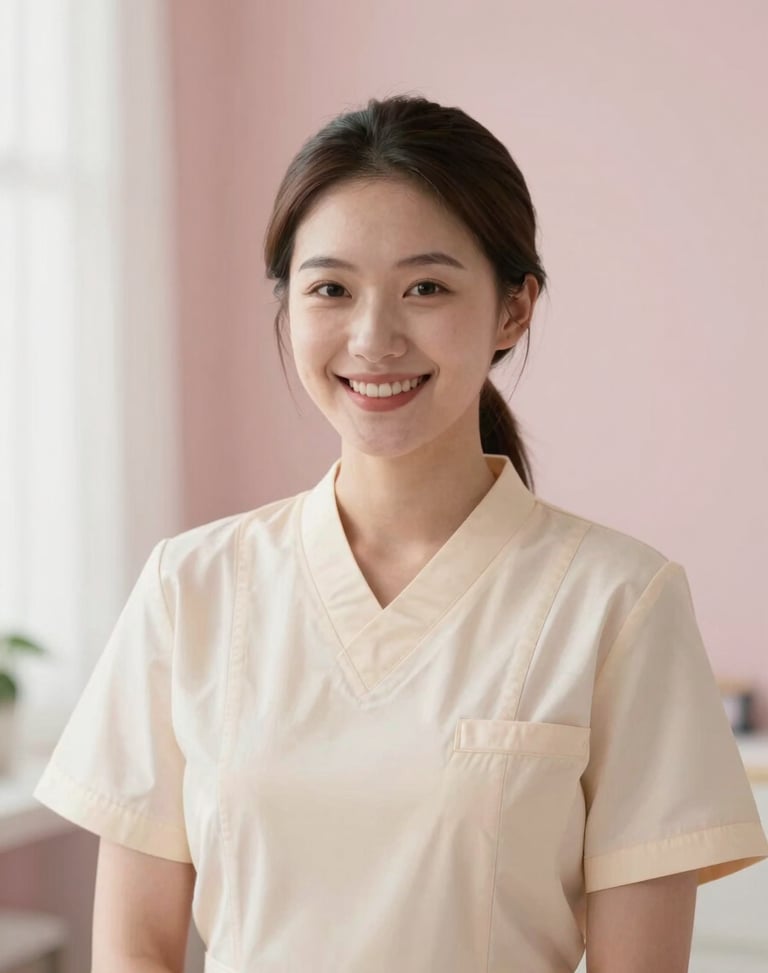 Portrait of a smiling young female therapist in a soft cream uniform, warm diffused light, clean and elegant background, 35mm photography