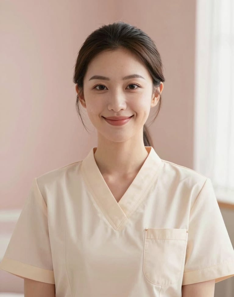 Portrait of a serene female aesthetician in a soft cream uniform, warm natural lighting, minimalist background, professional and welcoming smile, 35mm photography
