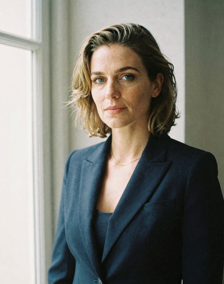 Editorial film portrait of Sarah Leitzke, professional attire, soft natural window light, muted navy tones, shallow depth of field, 35mm