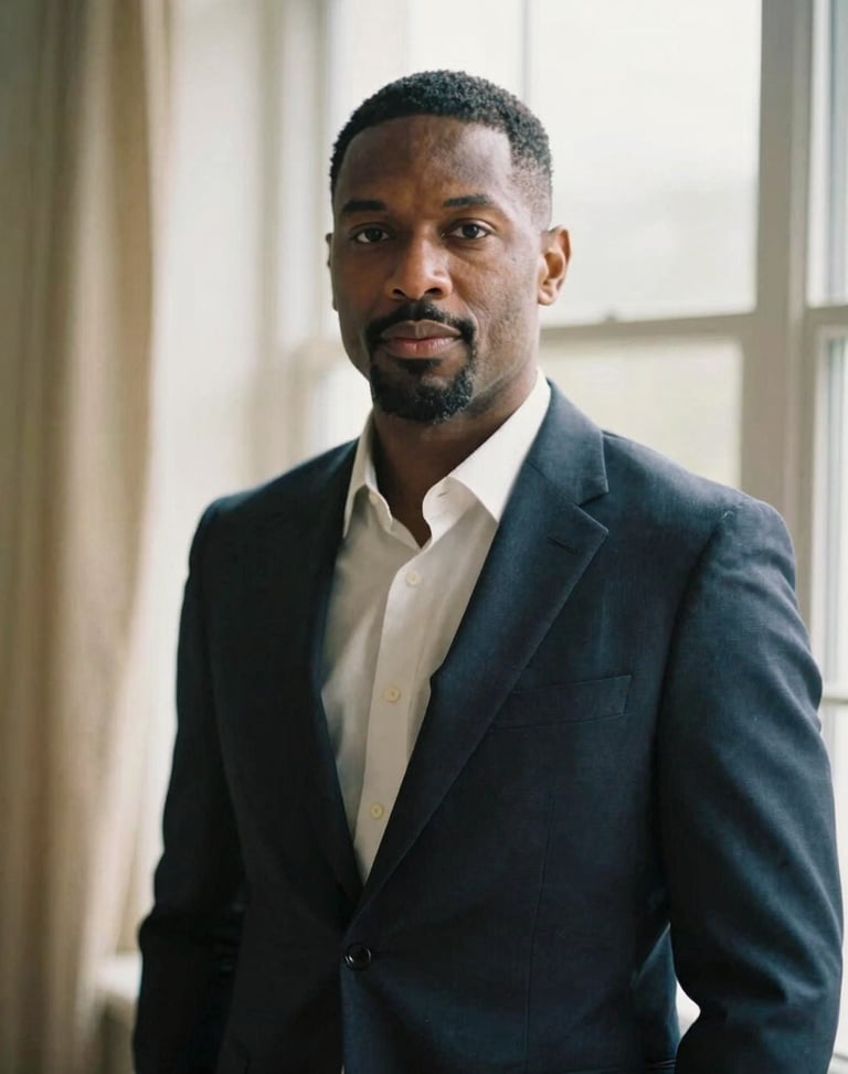 Editorial film portrait of Marcus Vance, professional attire, soft natural window light, muted gold tones, shallow depth of field, 35mm
