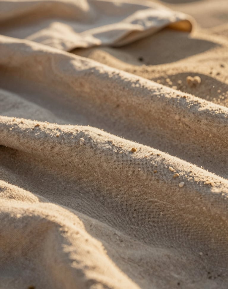 Macro close-up of a textured linen beach cover-up in warm sand tones, soft golden hour sunlight creating dappled shadows, elegant and minimalist.