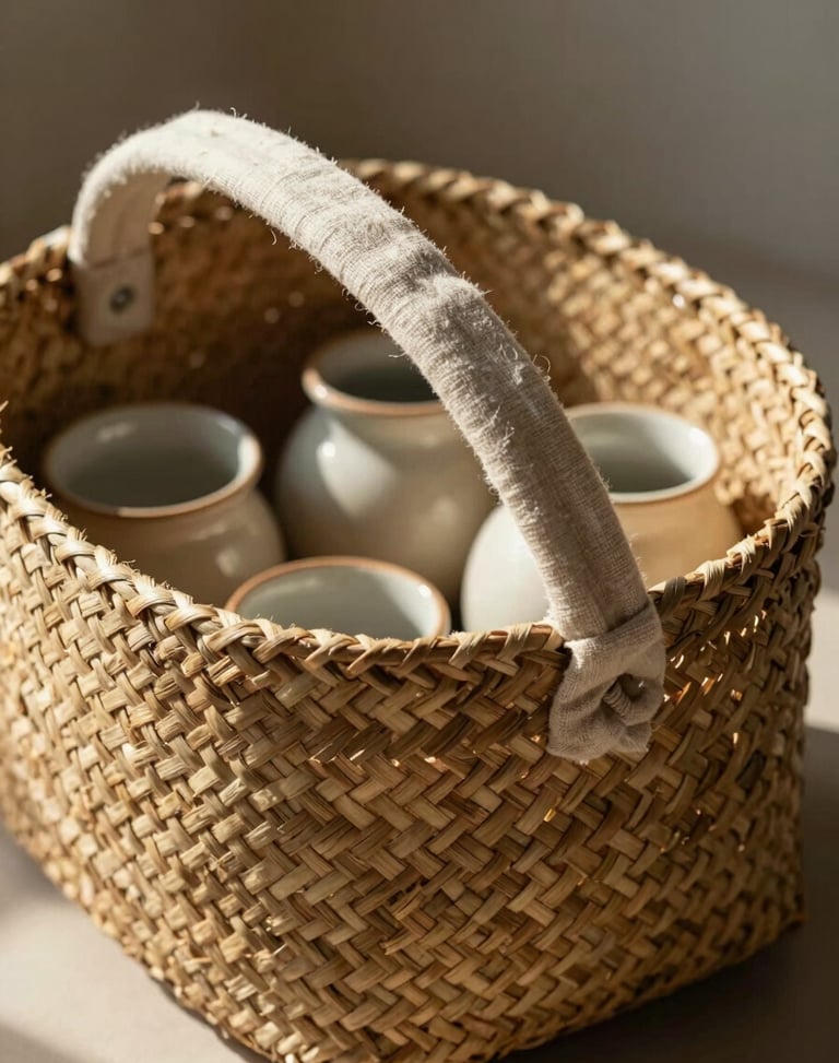Handmade woven straw basket filled with artisanal ceramics and a linen ribbon, shot in warm natural light with soft shadows, organic textures.