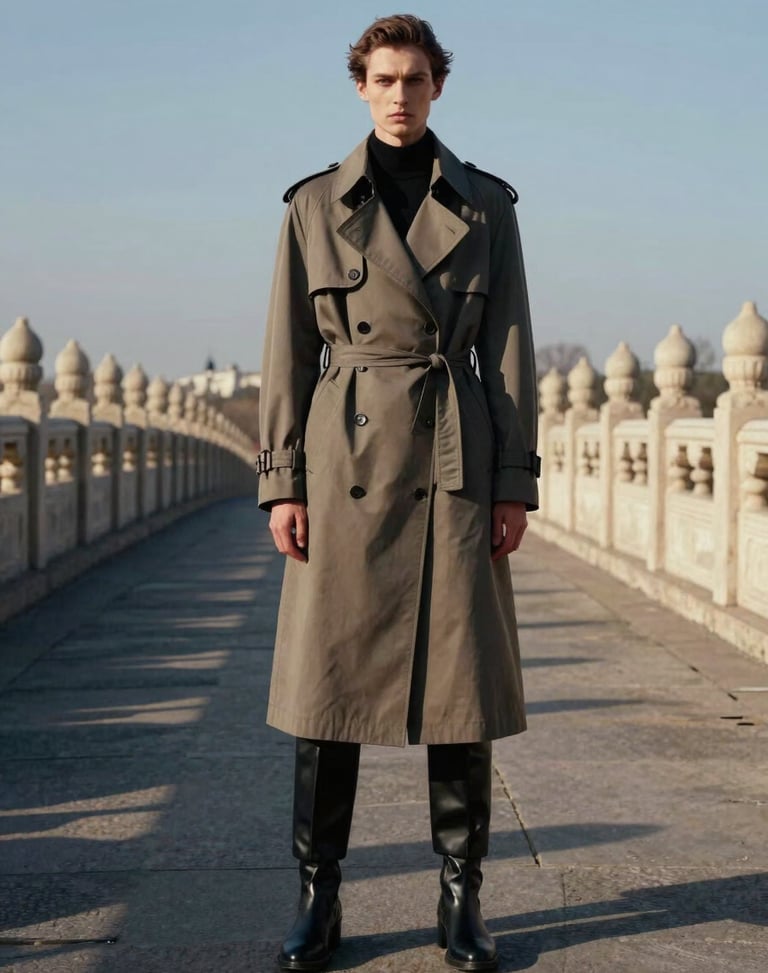 High-concept editorial fashion shot, a model in a structured trench coat standing on a historic stone bridge, dramatic late-afternoon shadows, high contrast, portrait aspect