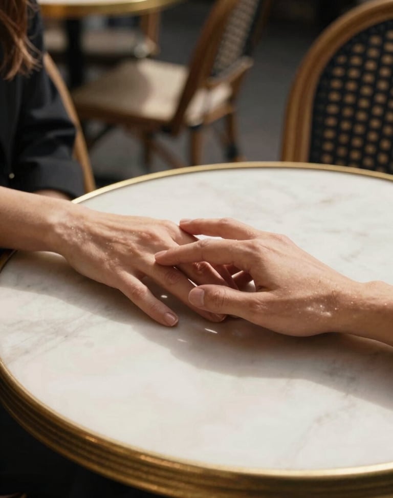 Intimate close-up of hands touching gently on a Parisian cafe table, soft afternoon shadows, warm vintage tones, portrait aspect