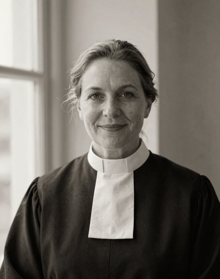 Quiet black and white portrait of a female pastor with a warm expression, soft natural window light, minimalist background