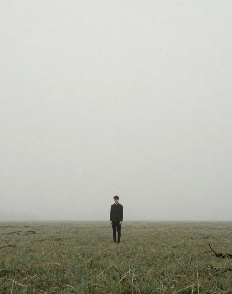 Minimalist editorial photography of a solitary figure standing in an expansive misty landscape, soft diffused overcast daylight, muted natural tones, medium format film, 80mm.