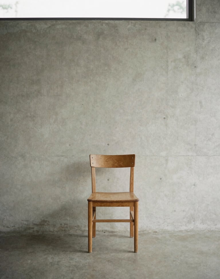Minimalist editorial photography of a quiet interior with concrete walls and a single wooden chair, soft diffused overcast daylight, muted natural tones, medium format film, 80mm.