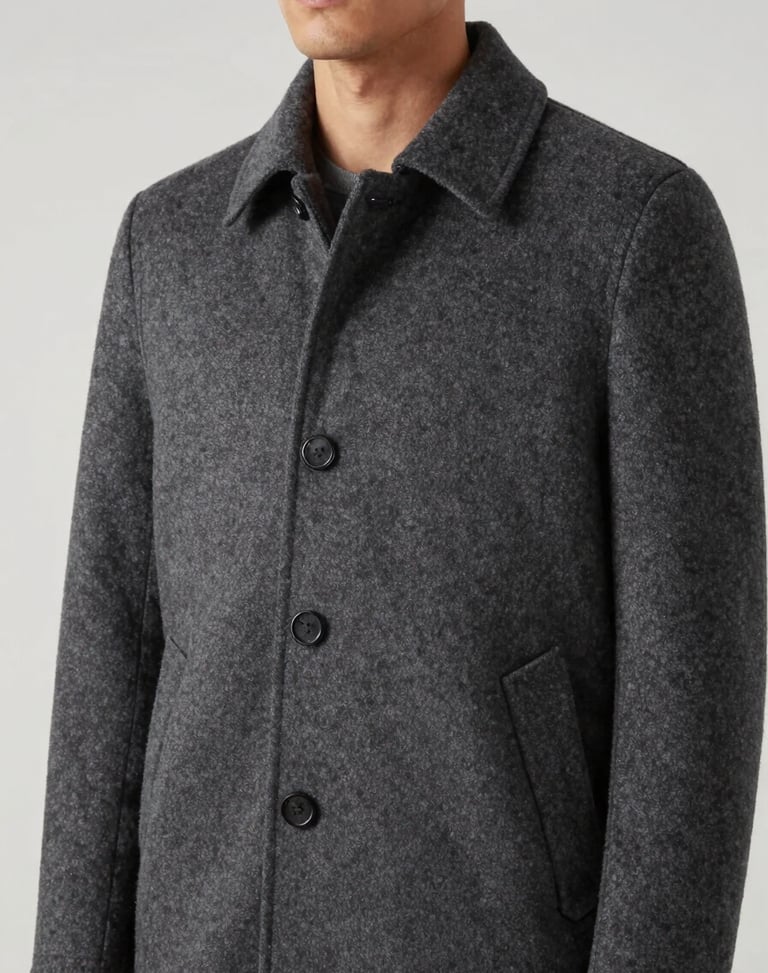 Editorial portrait of structured men's wool coat in charcoal, studio lighting, clean lines