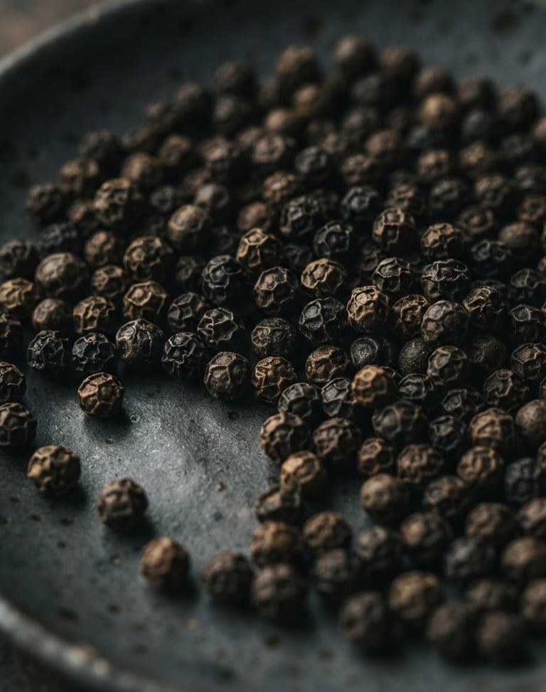 Macro shot of whole textured black peppercorns on a dark gray ceramic dish, moody low-key natural side-light, 35mm