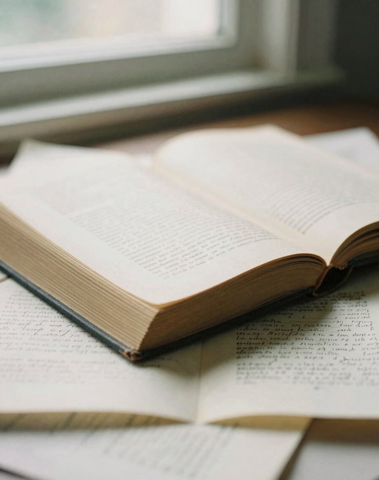 An old hardcover book resting on a bed of handwritten manuscripts and letters, dramatic natural window light, shallow depth of field, 35mm film