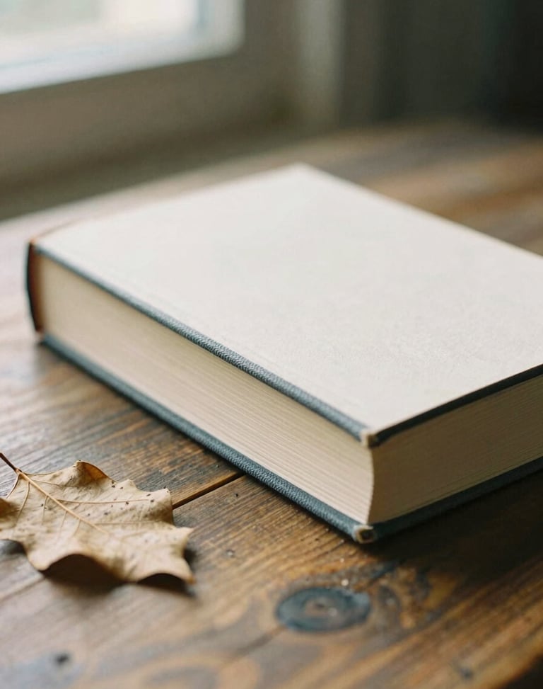 A closed hardcover book with a textured cloth spine resting on a rustic wooden table next to a dried leaf, soft side lighting, warm tones, 35mm film