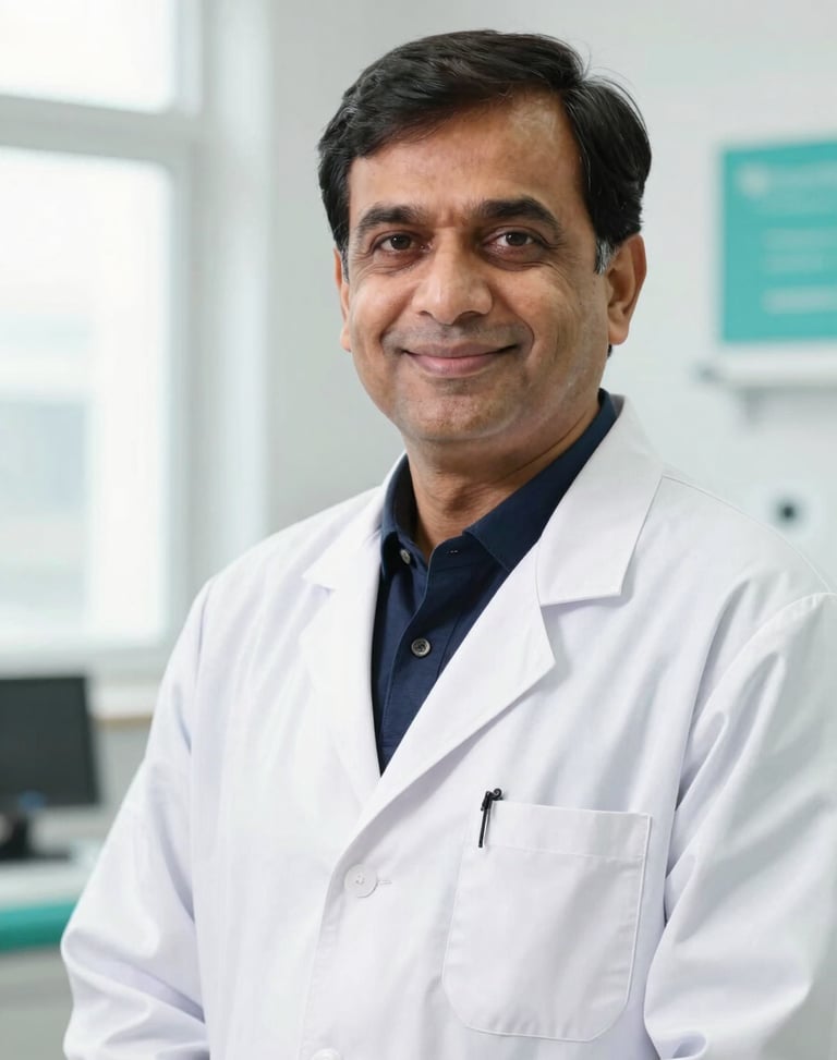 Professional portrait of Dr. A. K. Singh, an experienced male Indian skin specialist in a clinical setting, wearing a lab coat, friendly and trustworthy expression, 35mm