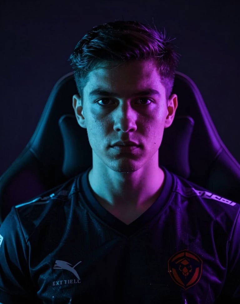 Dramatic low-key portrait of a professional esports player in a dark jersey, sharp cyan rim lighting, deep shadows, looking intensely forward
